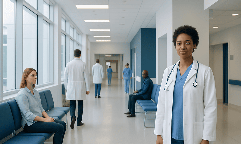Diverse medical staff and patients in a modern hospital corridor.