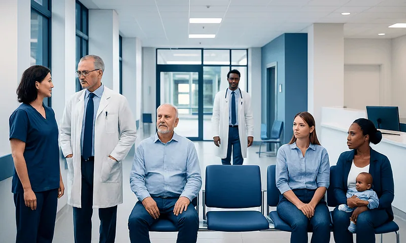 Medical team and patients in a hospital waiting area.
