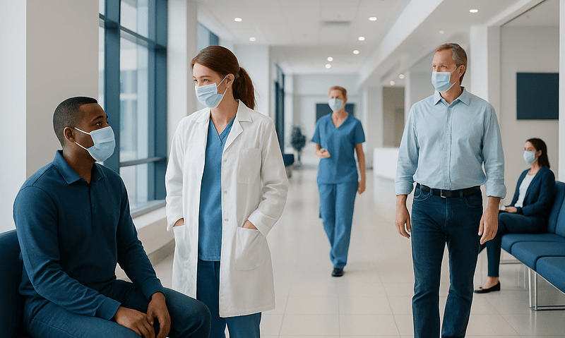 Healthcare professionals and patient wearing masks in hospital corridor.