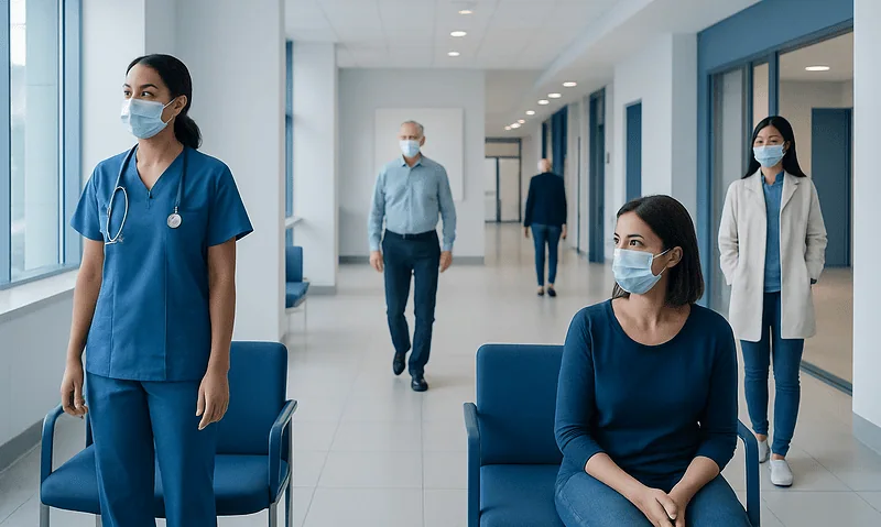 Healthcare professionals and patients in a hospital corridor wearing masks.