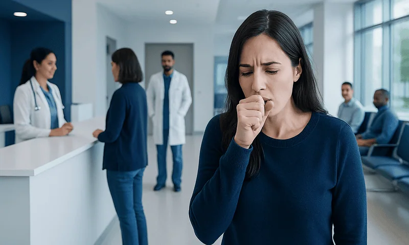 Woman coughing in a hospital waiting area with medical staff present.
