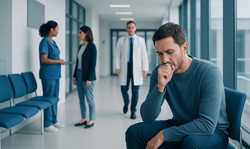 Man coughing in hospital corridor with medical staff in background.