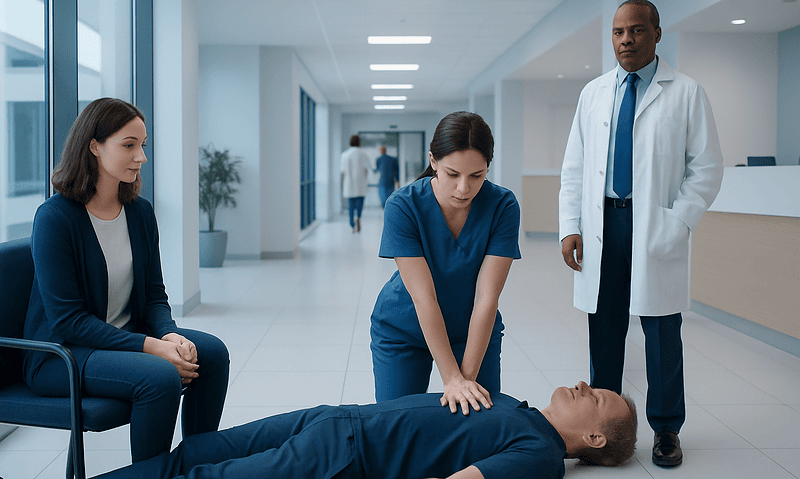 Medical team performs CPR on patient in hospital corridor.