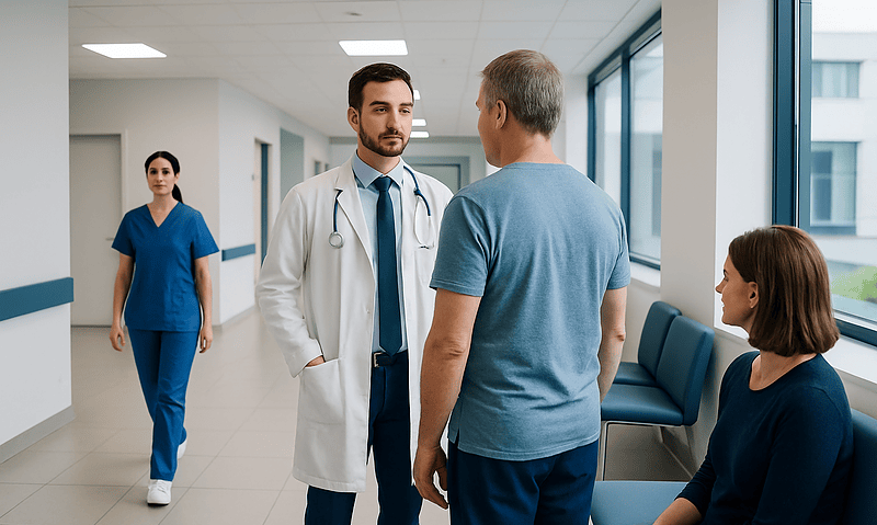Doctor consulting with patient in hospital corridor with nurse nearby.