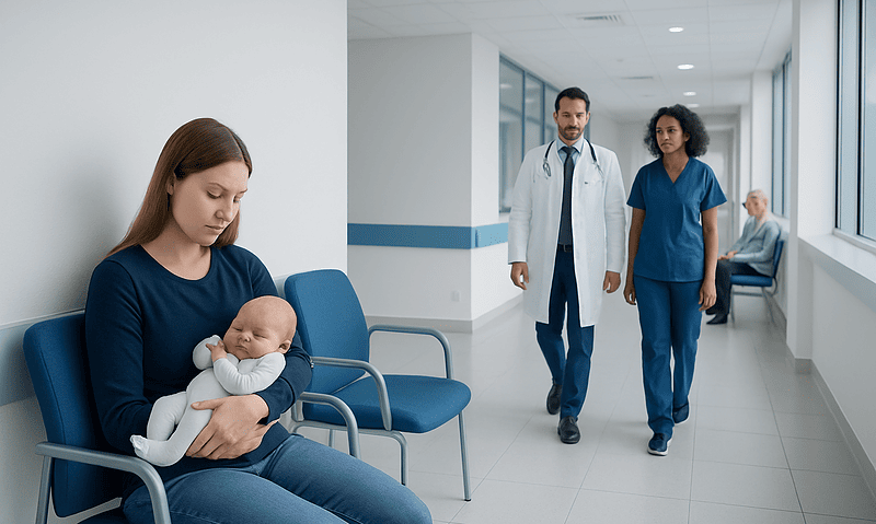 Mother holding a baby in a hospital corridor with medical staff nearby.
