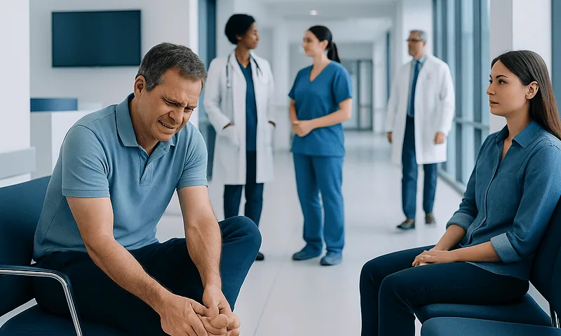 Patient experiencing foot and toe cramps in a hospital corridor.
