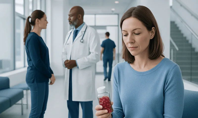 Woman holding cranberry pills in a hospital waiting area.