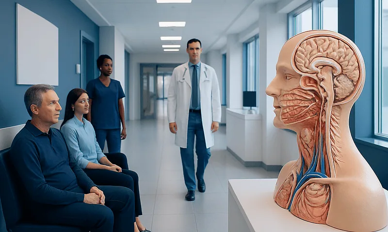 Medical professionals and patients in a hospital corridor with a brain model.