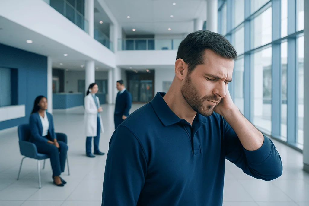 Cranial Pain Behind Ear: Possible Causes and When to Seek Care 1 Man experiencing ear pain in a hospital lobby with medical staff in background.