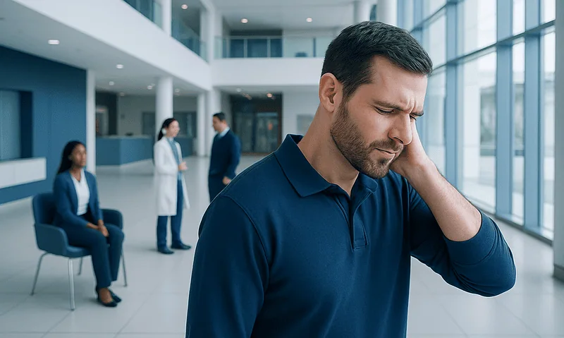 Man experiencing ear pain in a hospital lobby with medical staff in background.