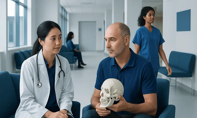 Doctor explaining skull anatomy to patient in hospital corridor.