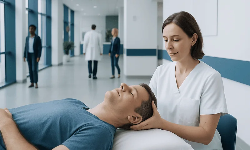 Craniosacral Therapy: Symptoms, Causes, and Treatment Options 17 Healthcare professional performing craniosacral therapy on patient in hospital setting.
