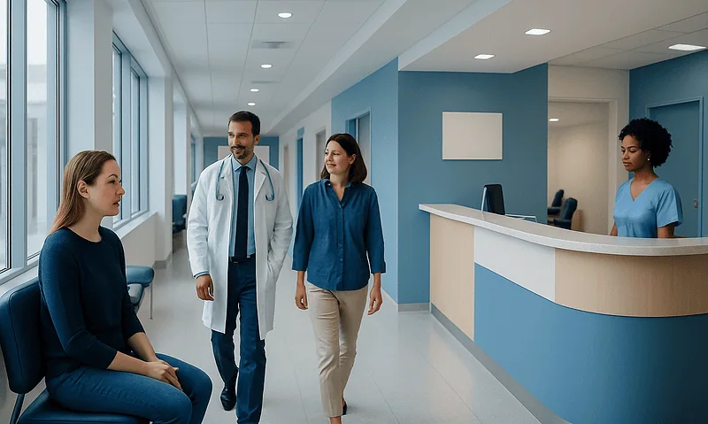 Medical professionals consulting with a patient in a hospital corridor.