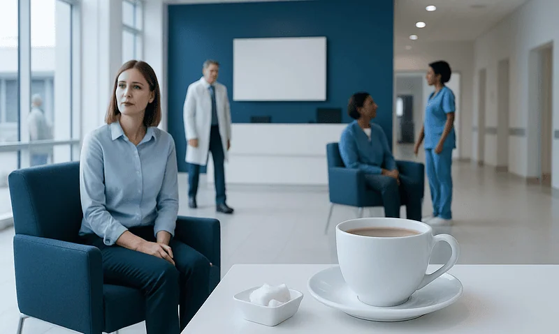 Medical waiting room with patients and staff at Acibadem Hospitals Group.