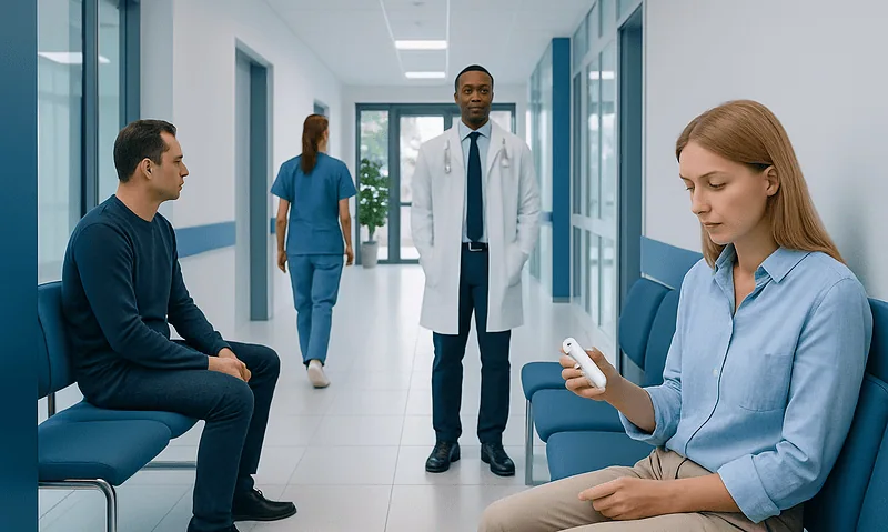 Patients waiting in a hospital corridor with a doctor and nurse present.