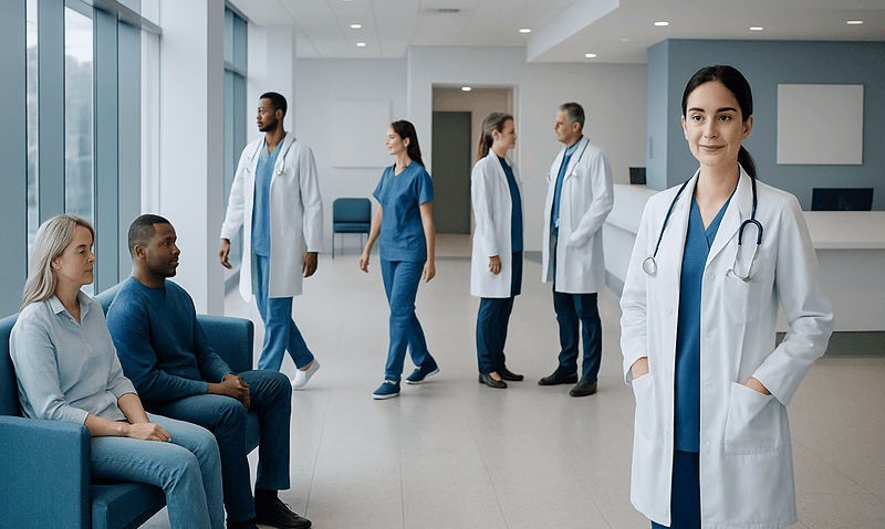 Medical team and patients in a modern hospital corridor.