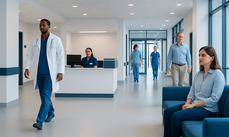 Modern hospital lobby with medical staff and patients in a bright, clean environment.