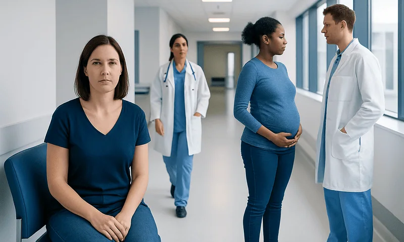 Pregnant woman consulting with doctor in hospital corridor.