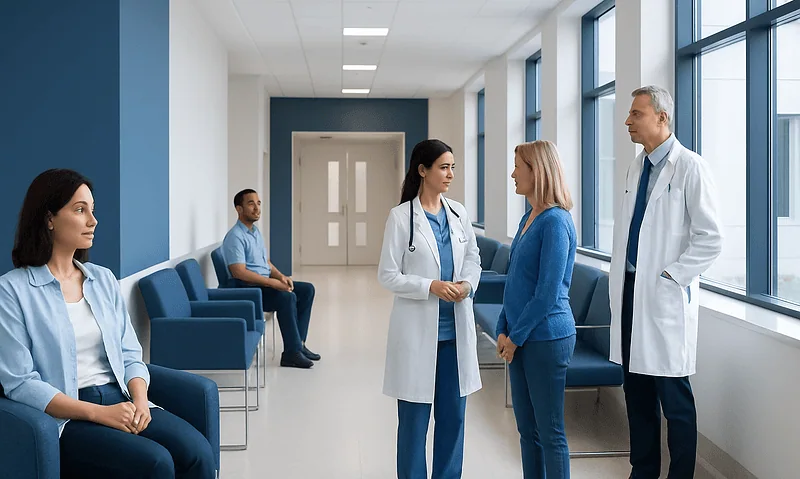 Medical professionals and patients in a hospital corridor at Acibadem Hospitals Group.