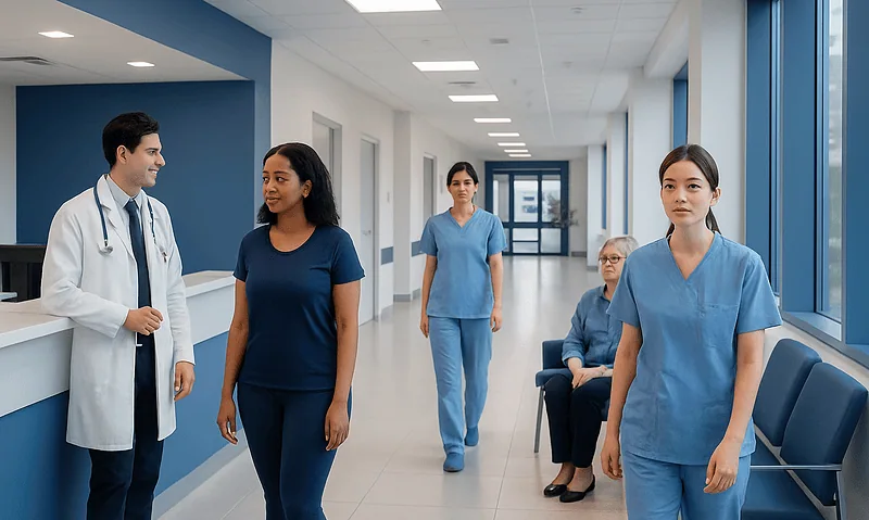 Healthcare professionals and patients in a hospital corridor at Acibadem Hospitals Group.