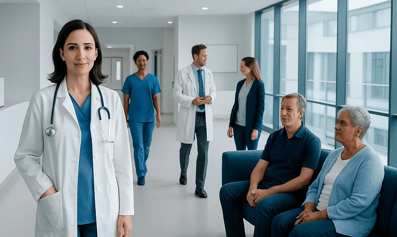 Healthcare professionals and patients in a modern hospital corridor.
