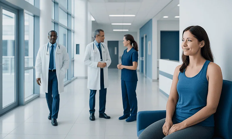 Young woman waiting in hospital corridor with medical staff nearby.