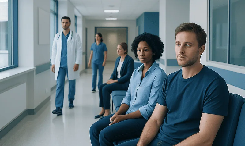 Patients waiting in a hospital corridor with medical staff nearby.