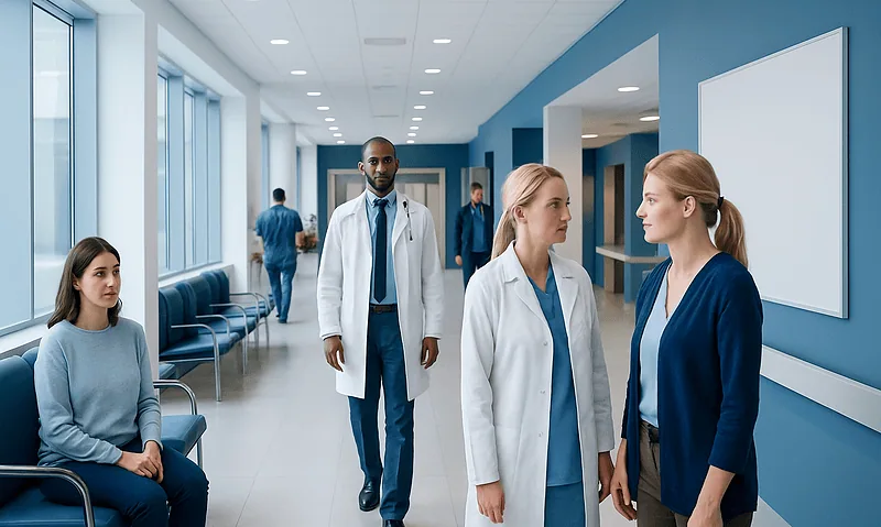 Medical professionals and patient in hospital corridor at Acibadem Hospitals Group.