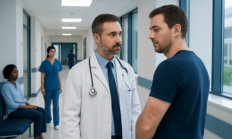 Doctor consulting patient with skin rash in hospital corridor.