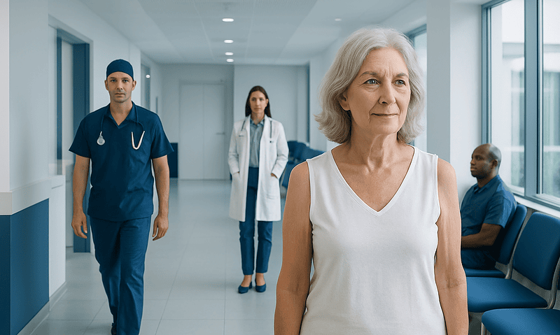Senior woman waiting in hospital corridor with medical staff nearby.