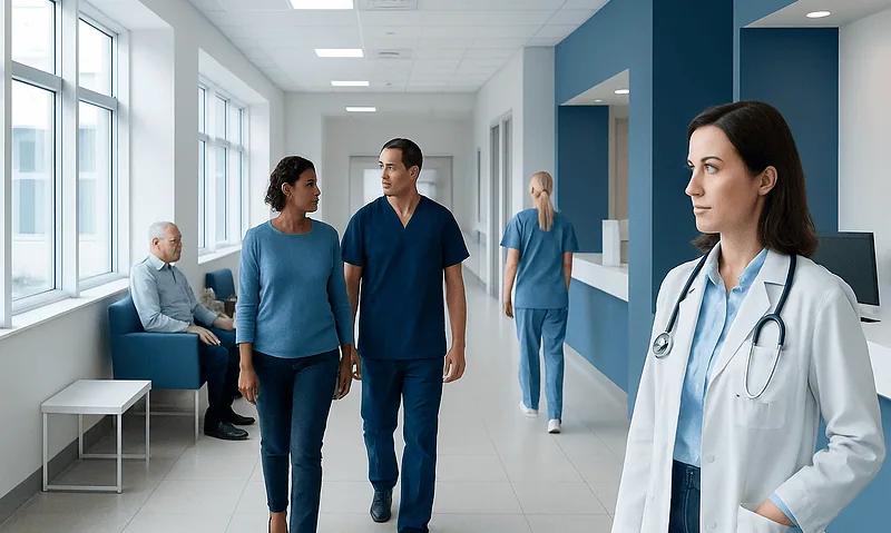 Healthcare professionals and patients in a modern hospital corridor.
