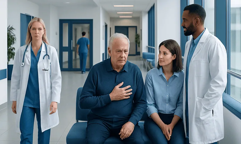 Doctor consulting an elderly patient in hospital corridor with medical staff nearby.