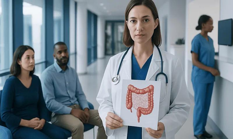 Doctor holding a colon illustration during a medical consultation.