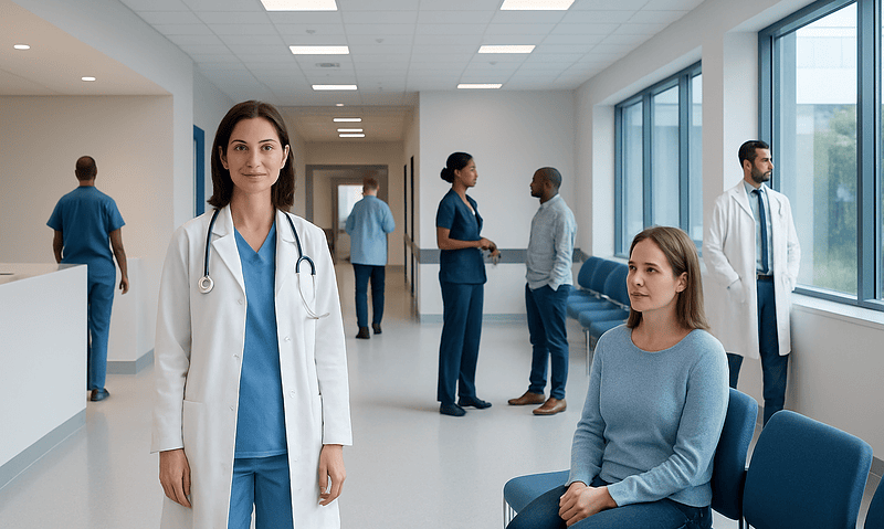 Healthcare professionals and patients in a modern hospital corridor.