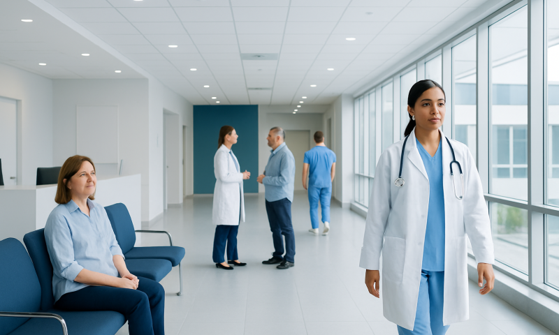 Healthcare professionals and patients in a modern hospital corridor.