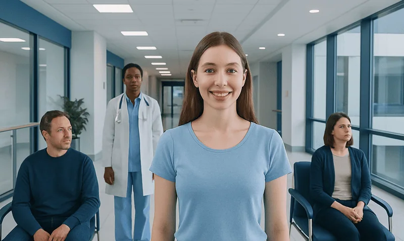 Young woman smiling in a hospital waiting area with medical staff and patients.