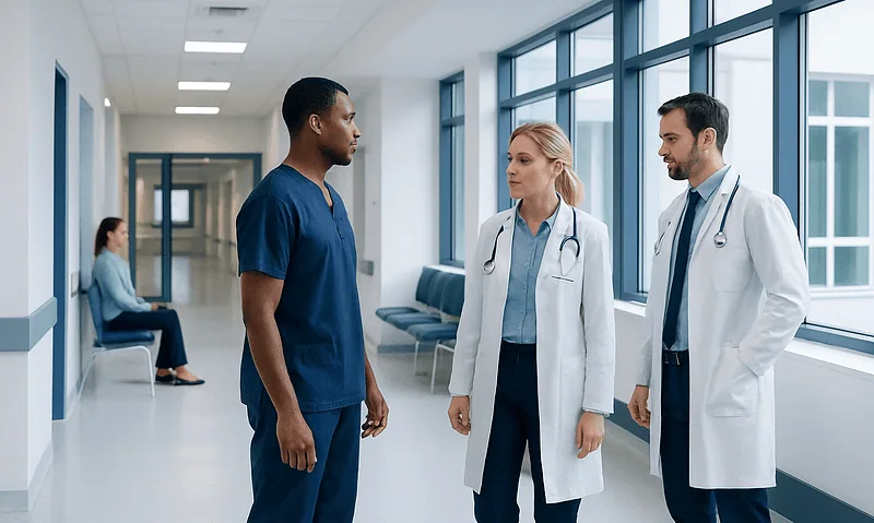 Medical team discussing patient care in hospital corridor.