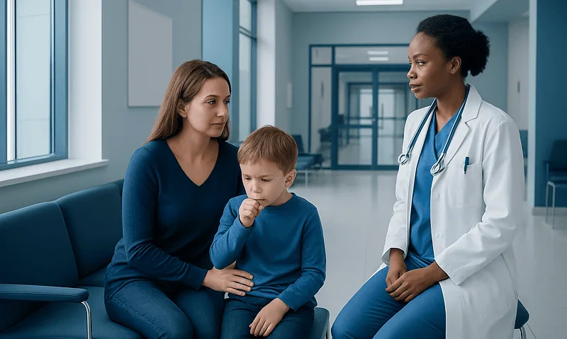 Doctor consulting with mother and child in hospital corridor.