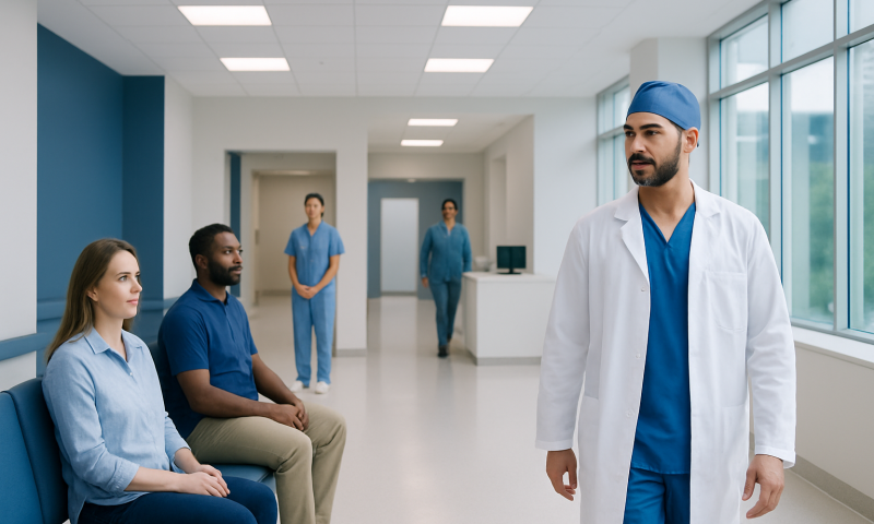 Medical consultation with healthcare professionals in a modern hospital corridor.