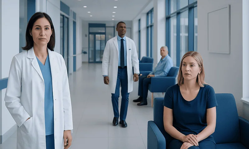 Medical professionals and patient in a modern hospital corridor.
