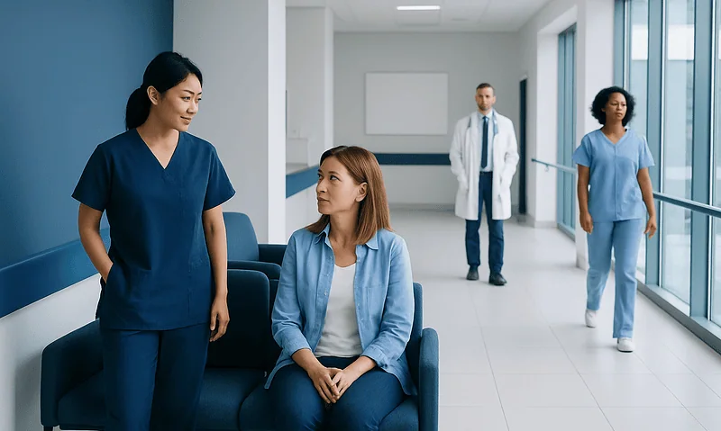 CRP (C-Reactive Protein) Blood Test: What Low and High Levels Mean — and What to Do Next 14 Healthcare professionals and patient in hospital corridor.