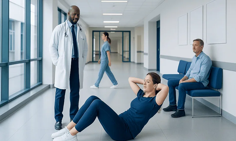 Medical professional observing a patient doing sit-ups in hospital corridor.