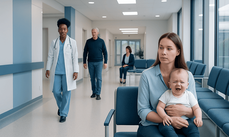 Young mother with crying baby in hospital corridor, healthcare staff nearby.
