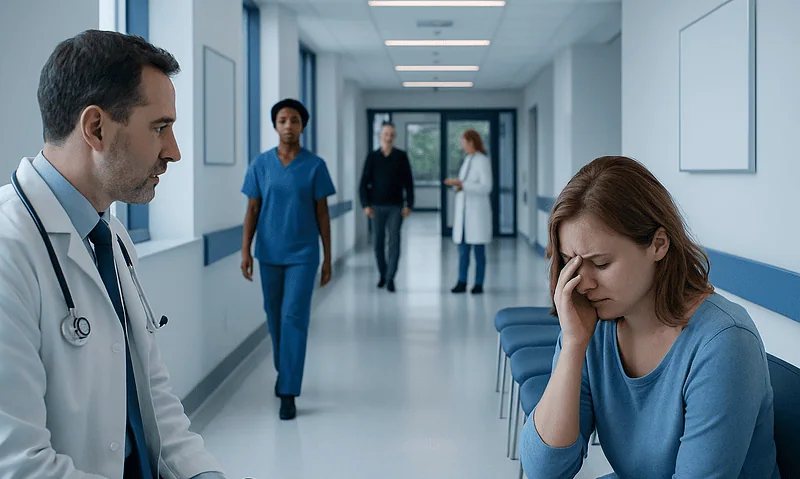 Patient in hospital corridor appears distressed and crying, with medical staff nearby.