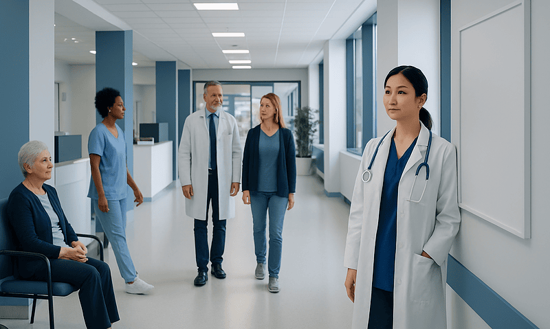 Medical team in hospital corridor with doctor and patients.