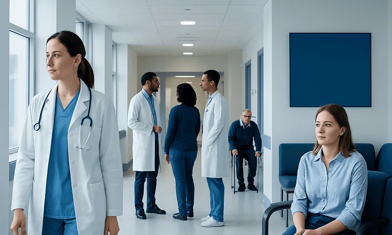 Hospital corridor with medical staff and patient waiting area.