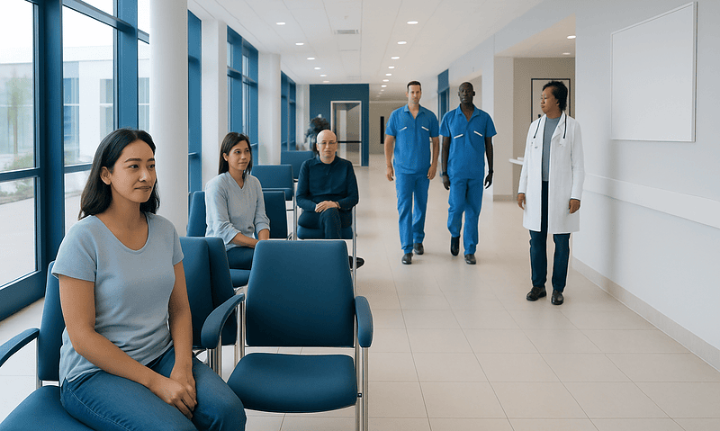 Patients waiting in a hospital corridor with medical staff walking by.