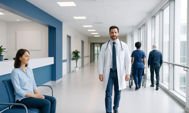 Healthcare professionals and patients in a modern hospital corridor.