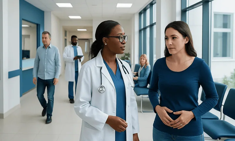 Doctor consulting with a patient in a hospital corridor.