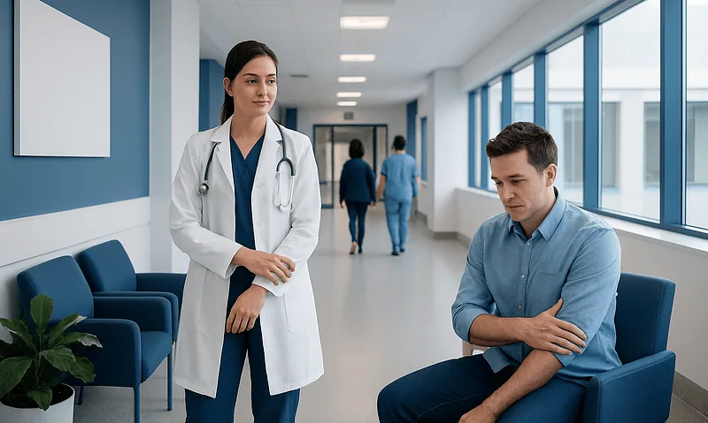 Doctor consulting a patient in a modern hospital corridor.